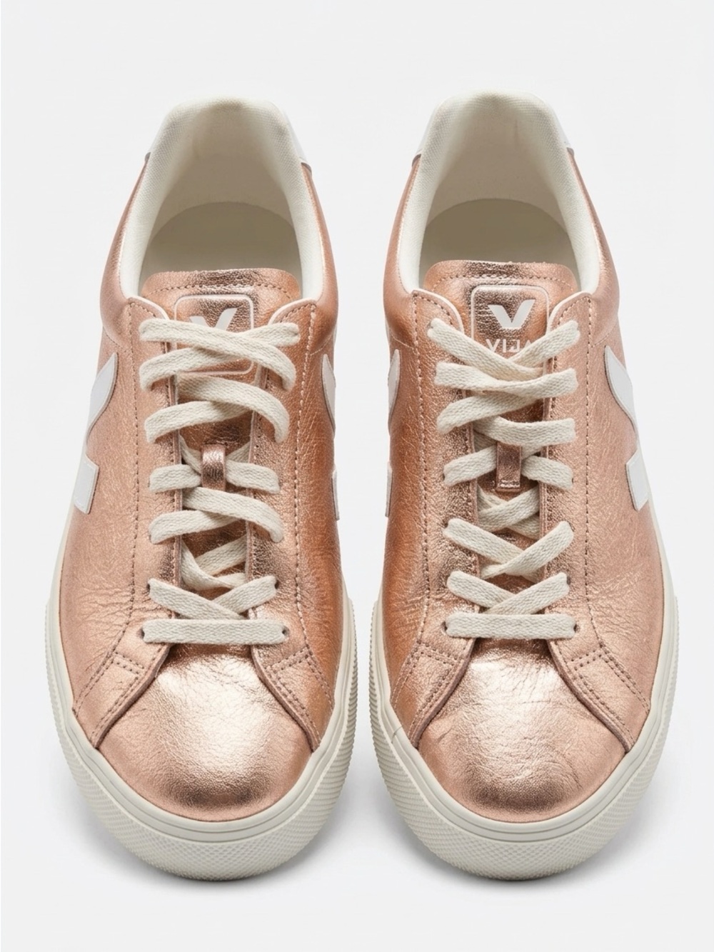 Veja Metallic Rose Gold Leather Sneakers with White V Logo